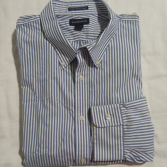 Lands' End No Iron Pinpoint Oxford 19/37 long-sleeved button-down blue striped - Picture 1 of 12